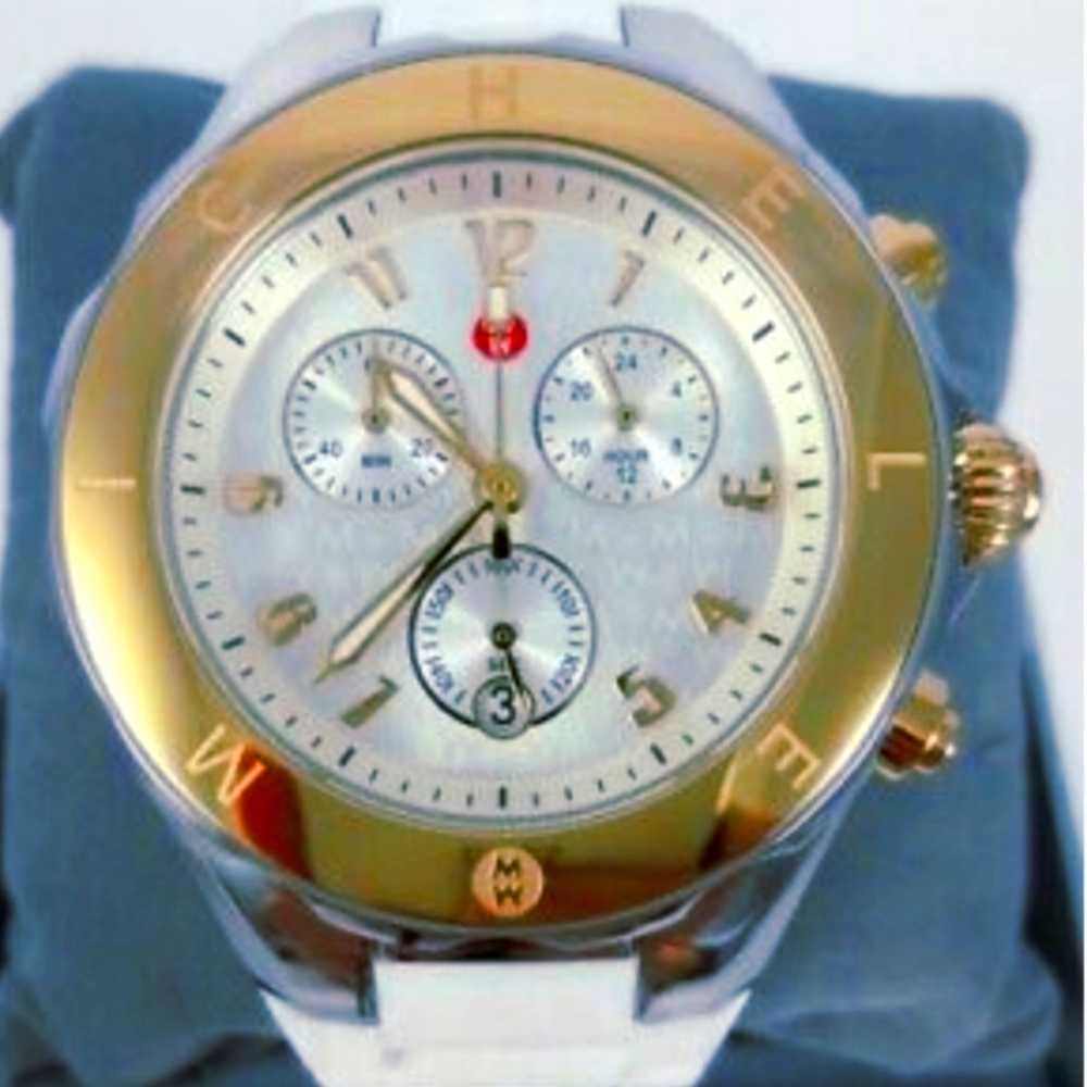 Michele Jelly Bean Tahitian Gold Bezel White Silicone Strap Chronograph Watch